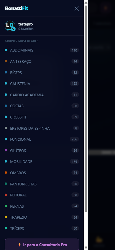 Menu com a lista de grupos musculares