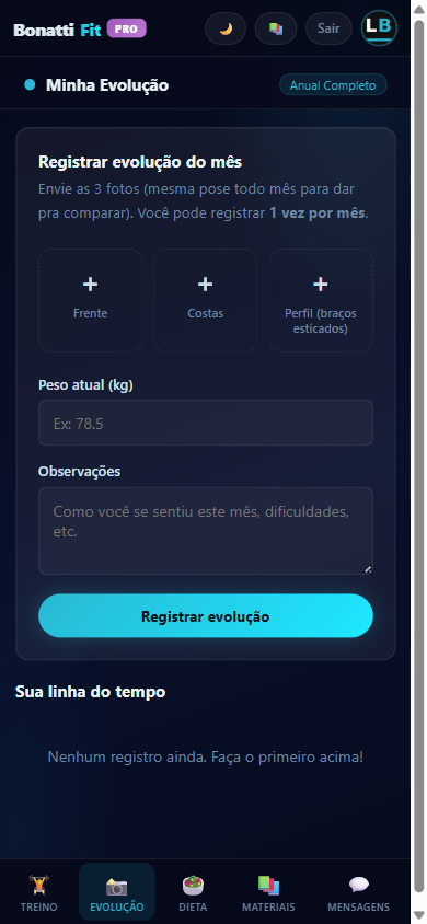 Tela de registro de evolução, no celular